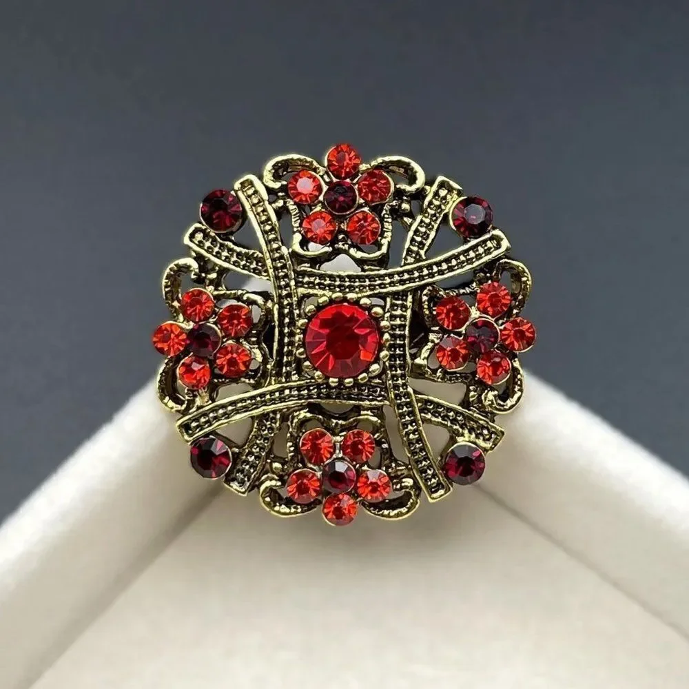Yellow Gold with Ruby Red and Garnet Red Crystal Flower Pin Back Brooch